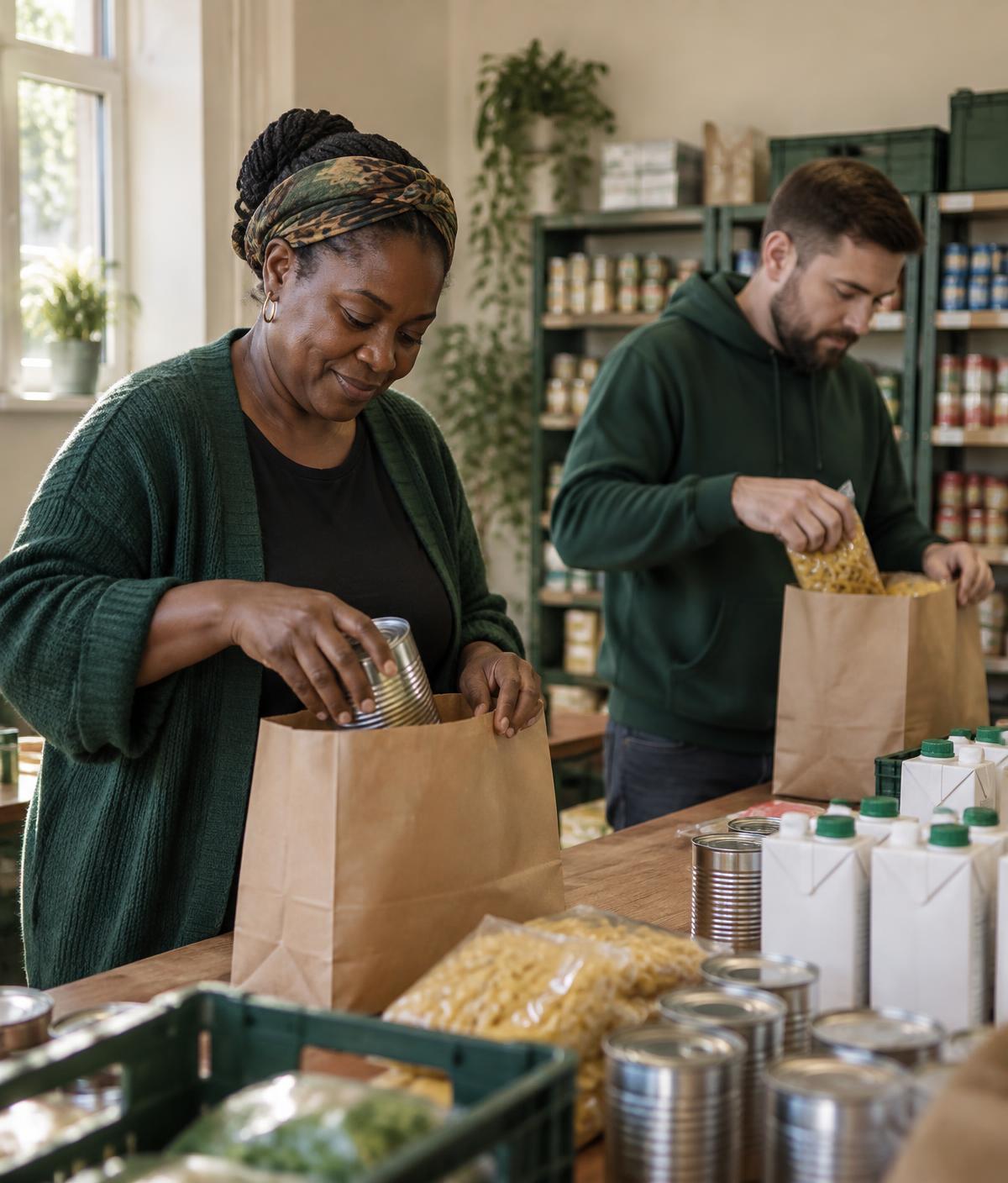 Volunteers packing food bank donations into paper bags in a community room