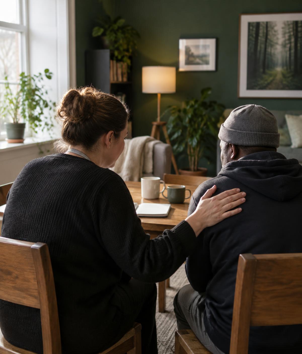 A support worker talking with a resident across a table