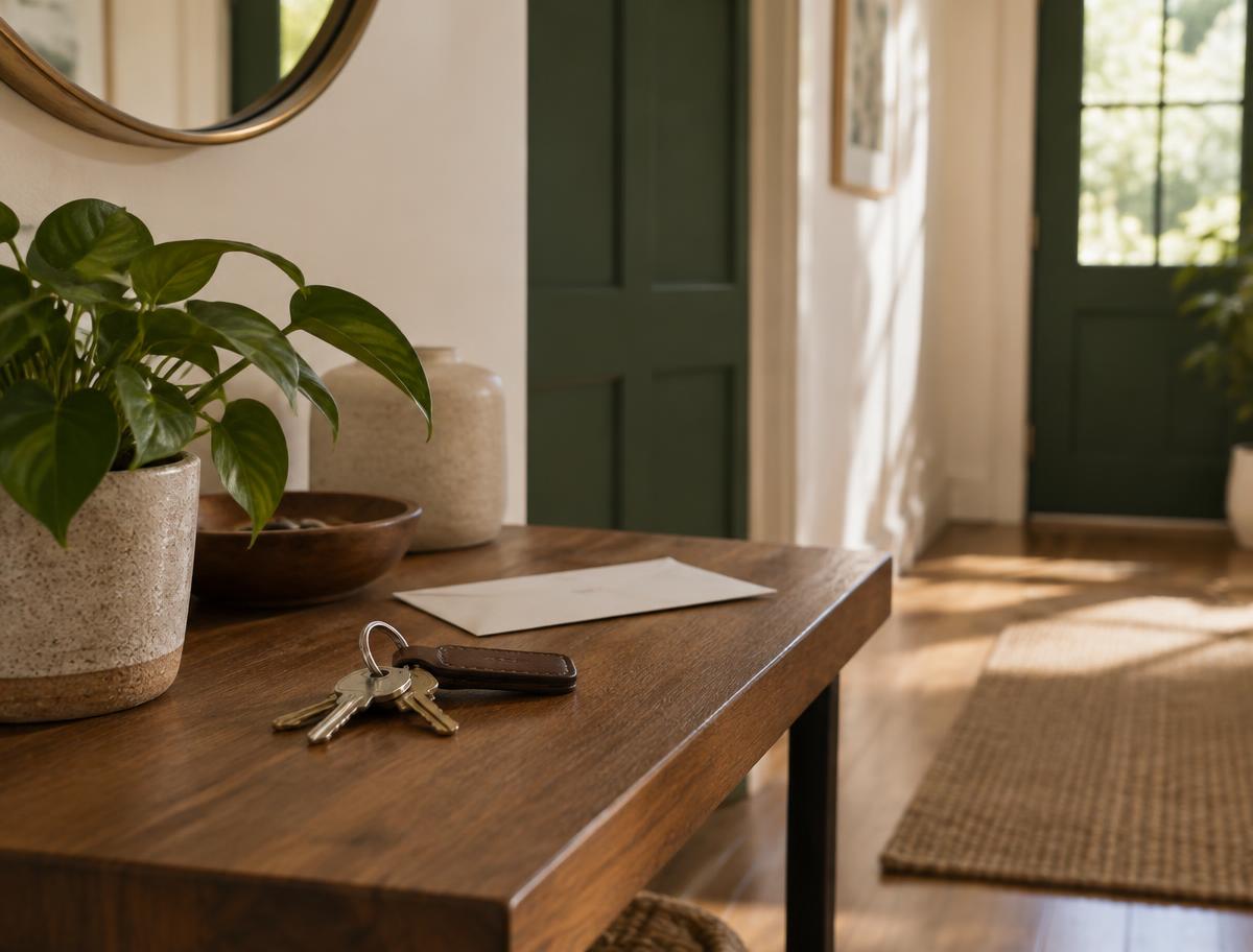 House keys resting on a hallway console table beside a potted plant